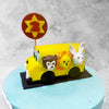 The little ones would definitely be delighted by the bright yellow bus on the top of the wheels on the bus birthday cake for kids with friendly animals all aboard.